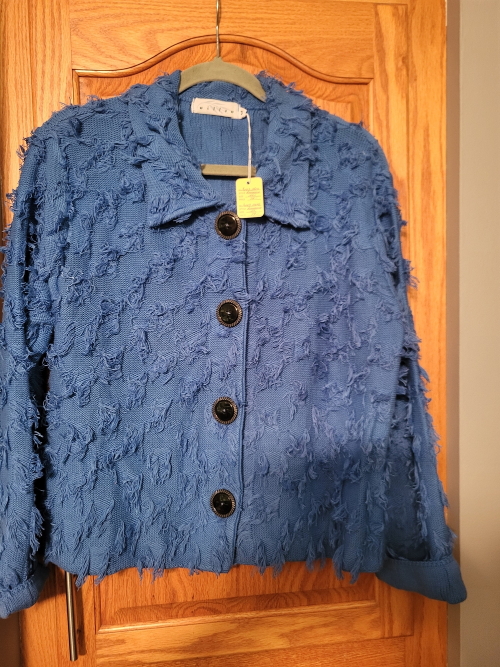 New Willow Blue Textured Fringed Button-Front Cardigan